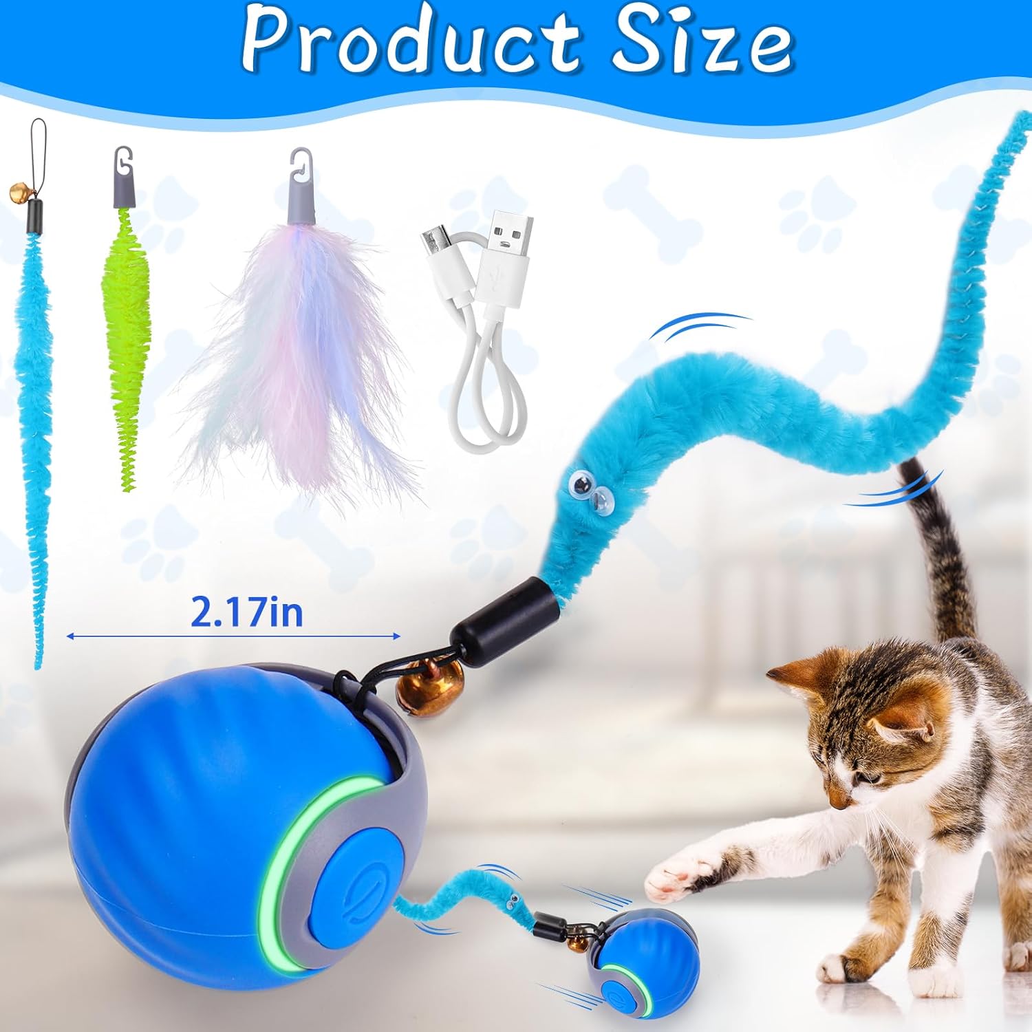 Blue rechargeable interactive cat ball with tail attachments and a kitten reaching for it