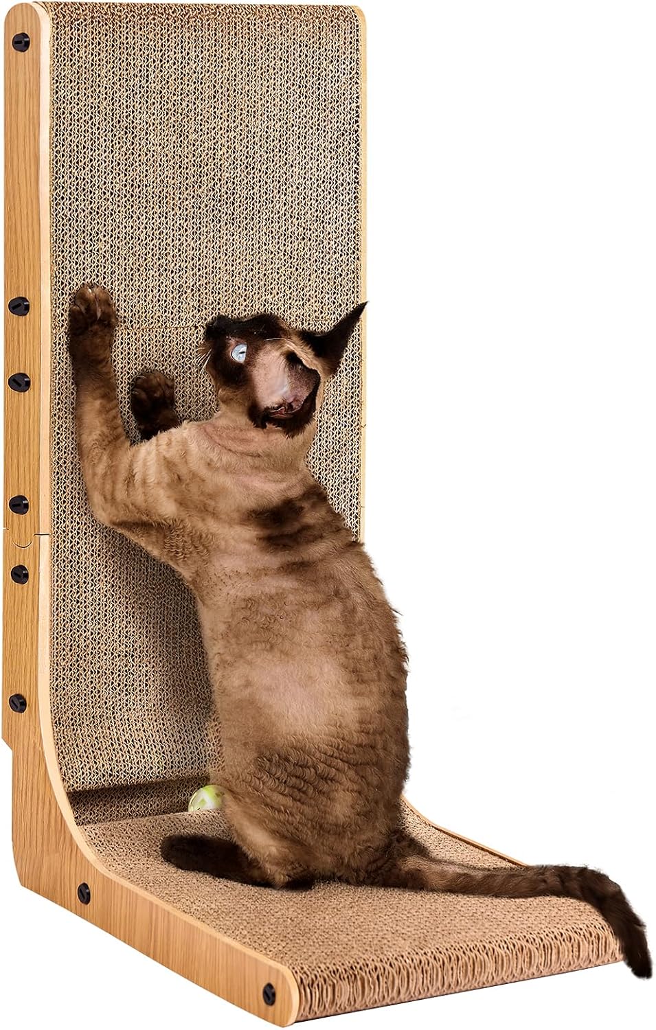 Cat stretching up against a tall L-shaped corrugated cardboard scratcher