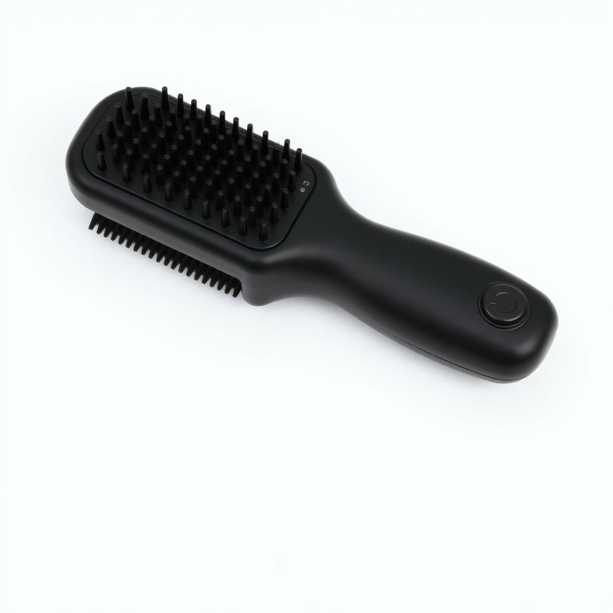Black self-cleaning pet shedding brush with rounded bristle tips and push button