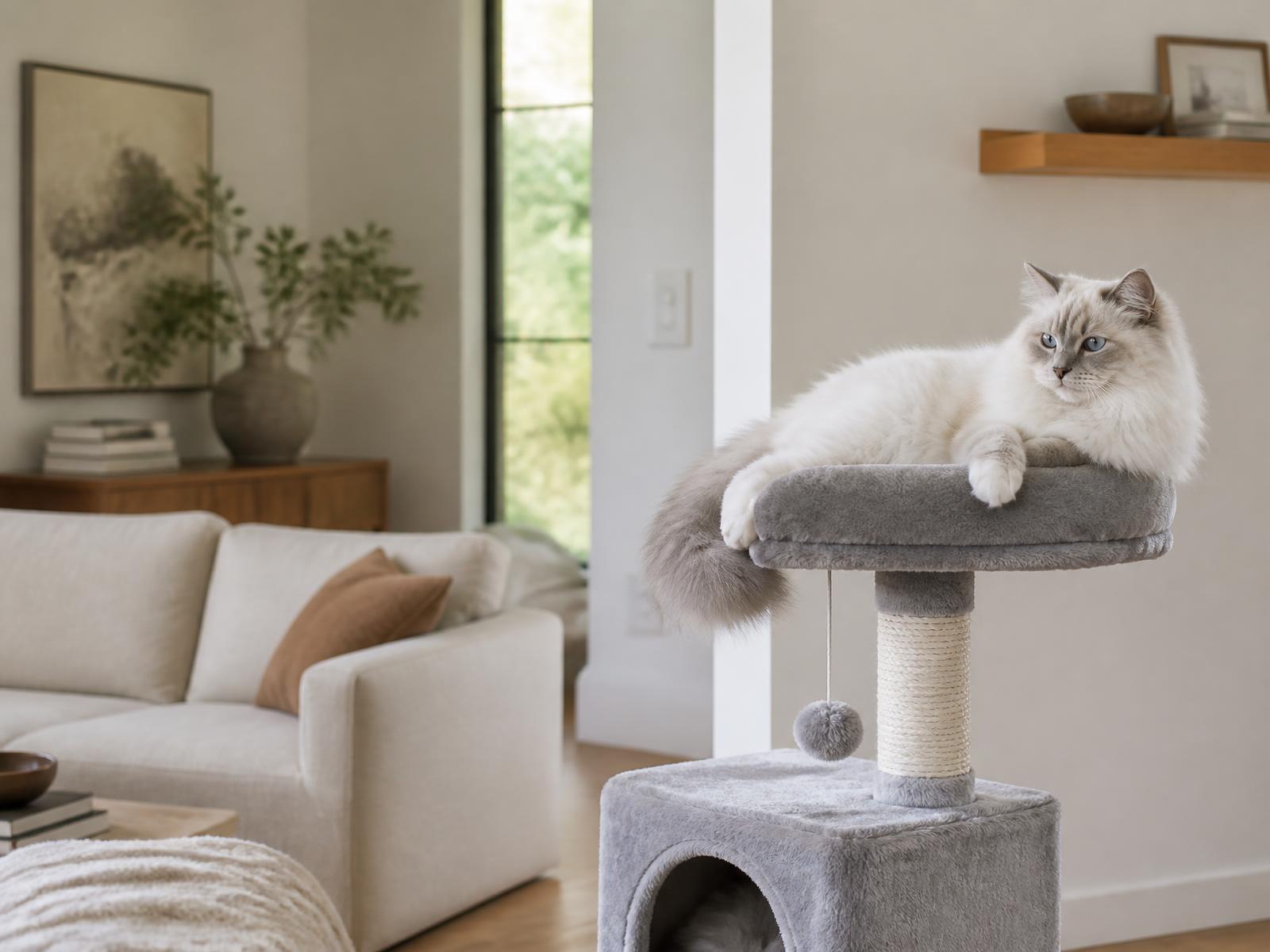 White ragdoll cat lounging on a grey cat tree platform in a sunlit modern living room
