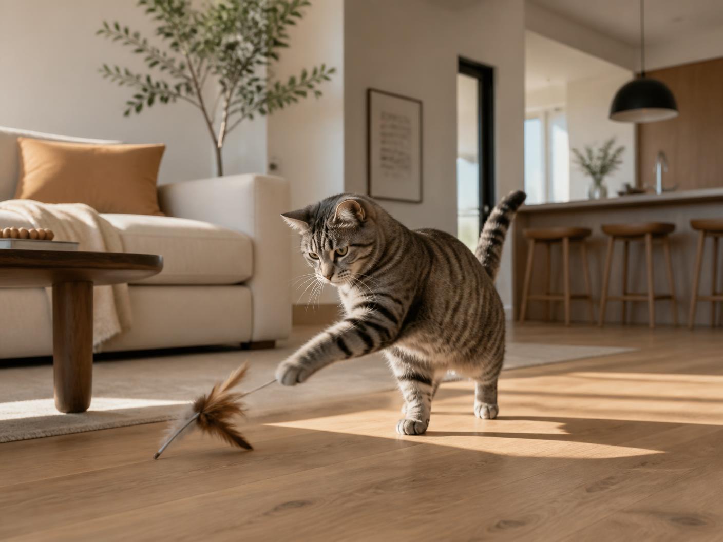 Grey tabby cat playing with a feather toy on a wood floor in a sunlit apartment
