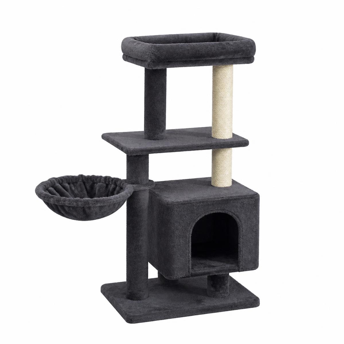 Smoky gray multi-level cat tree with condo, hammock basket and sisal scratching post